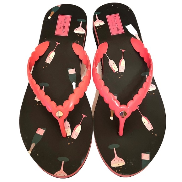 Kate Spade New York Megan Champagne Print Cheers Pink Black Flip Flops size 10 - Picture 1 of 6
